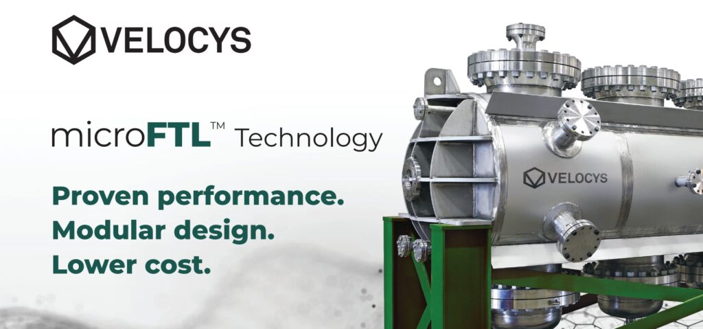 microFTL license technology from Velocys hero shot that shows the Fischer-Tropsch SAF reactor on a flowing hexagon background with the brand name and value props.